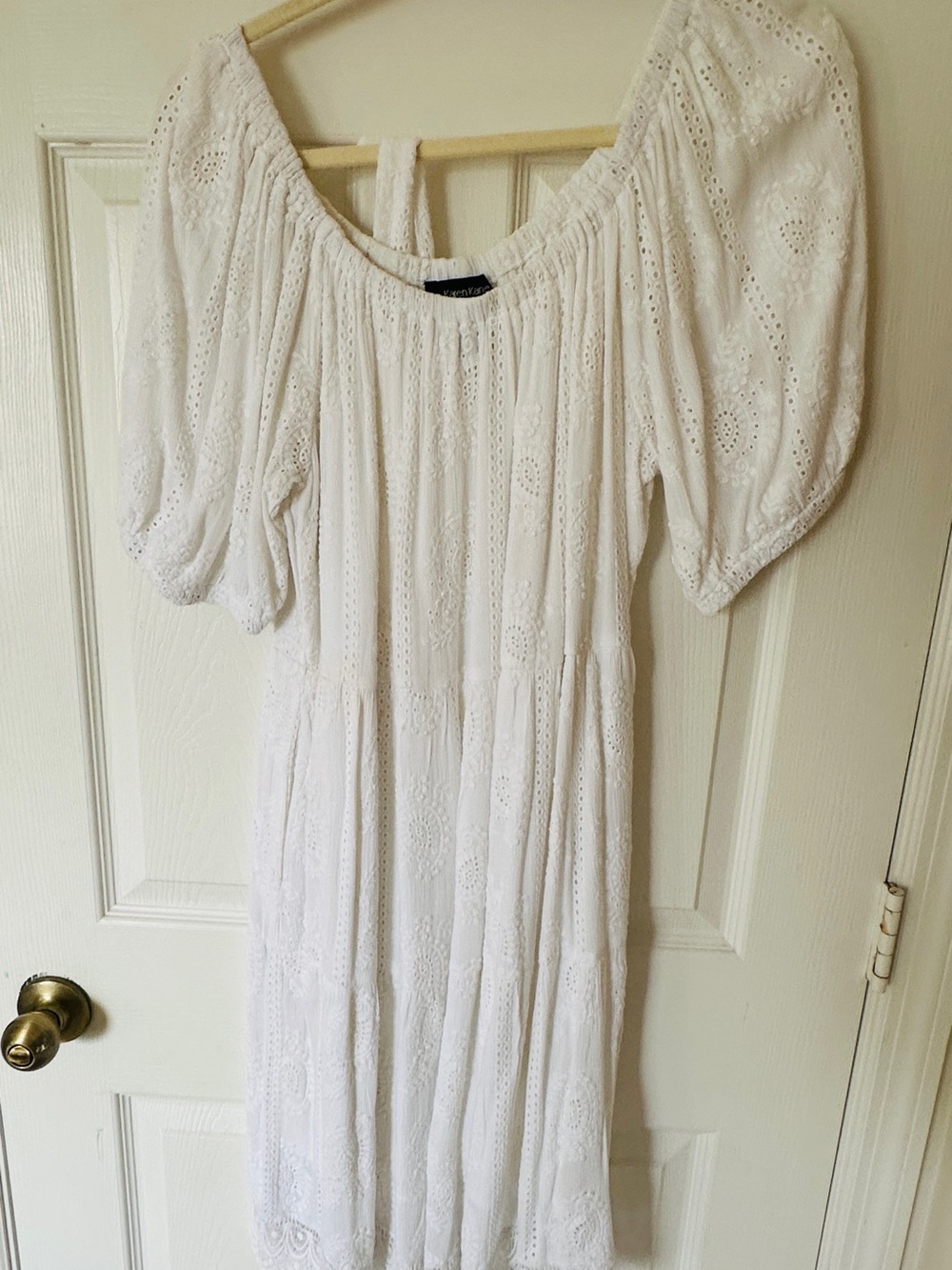 Karen Kane White Eyelet Midi Dress with Puff Sleeves